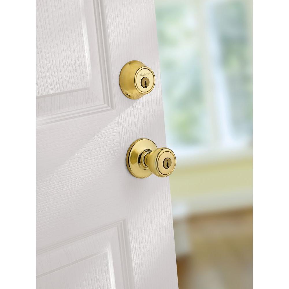 Tylo Polished Brass Entry Door Knob and Double Cylinder Deadbolt Combo Pack with Microban Antimicrobial Technology