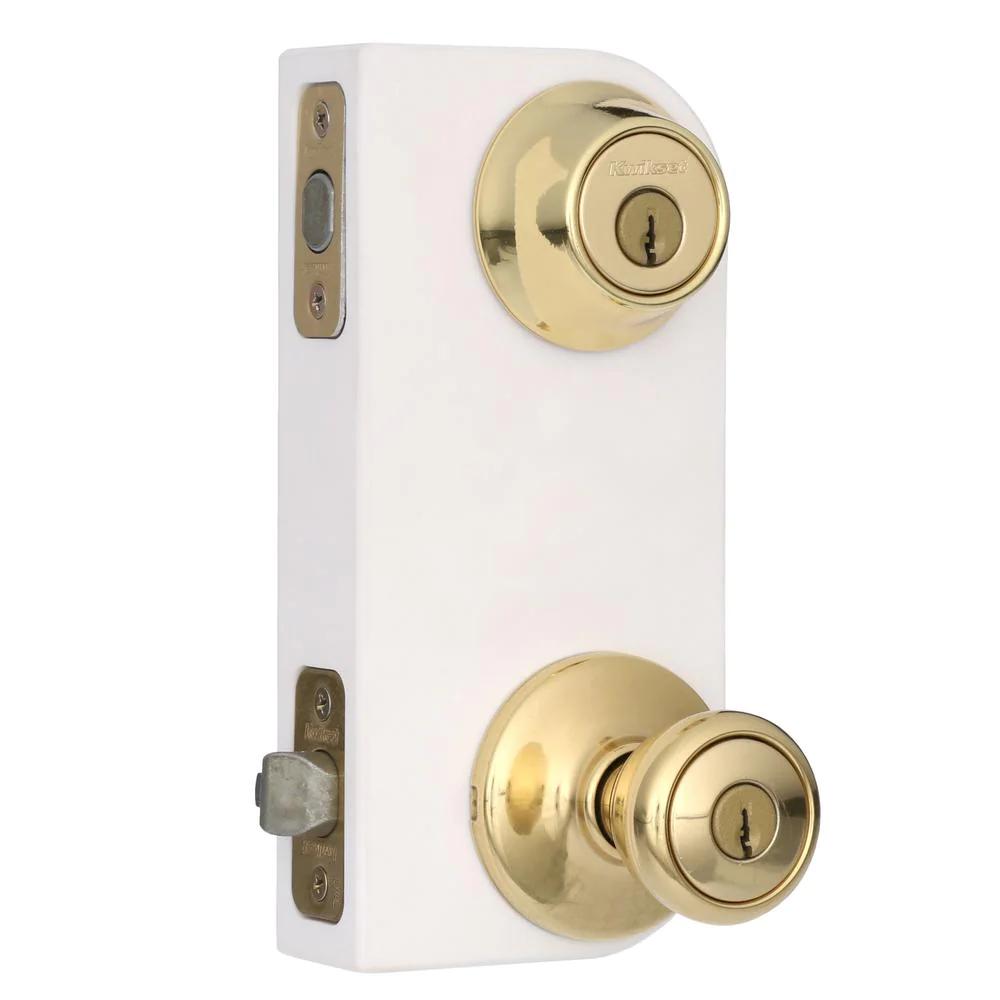 Tylo Polished Brass Entry Door Knob and Double Cylinder Deadbolt Combo Pack with Microban Antimicrobial Technology