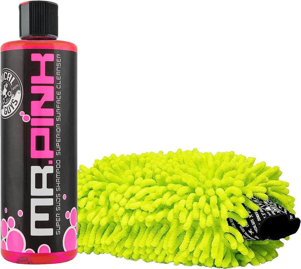 Chemical Guys CWS_402_16M Car Wash Starter Bundle - Mr. Pink Foaming Car Wash Soap, 16 fl oz, Candy Scent + Green Chenille Wash Mitt (2 Items) Works on Cars, Trucks, SUVs, RVs &amp; More
