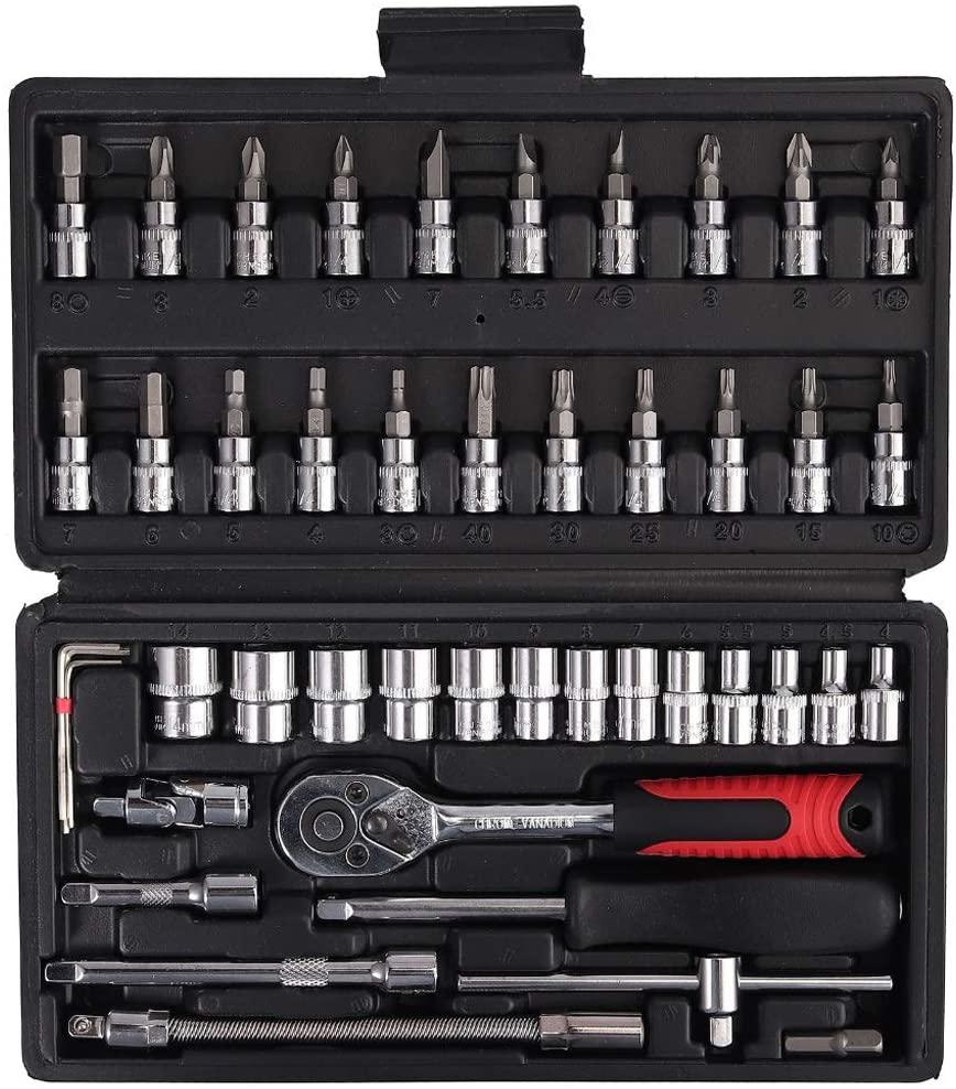 LLRYN 1/4" 5-25Nm Ratchet Torque Wrench Square Drive Click Car Hand Tool Adjustable 46 Pcs Hand Tools for Car Bike Repair Tool