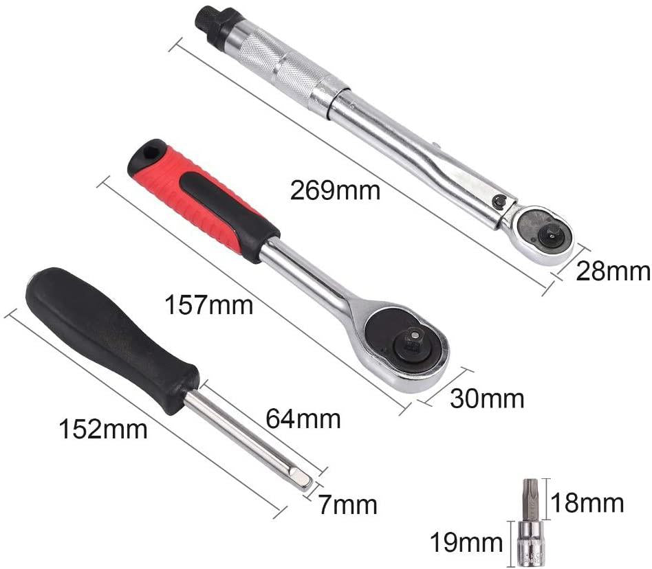 LLRYN 1/4" 5-25Nm Ratchet Torque Wrench Square Drive Click Car Hand Tool Adjustable 46 Pcs Hand Tools for Car Bike Repair Tool