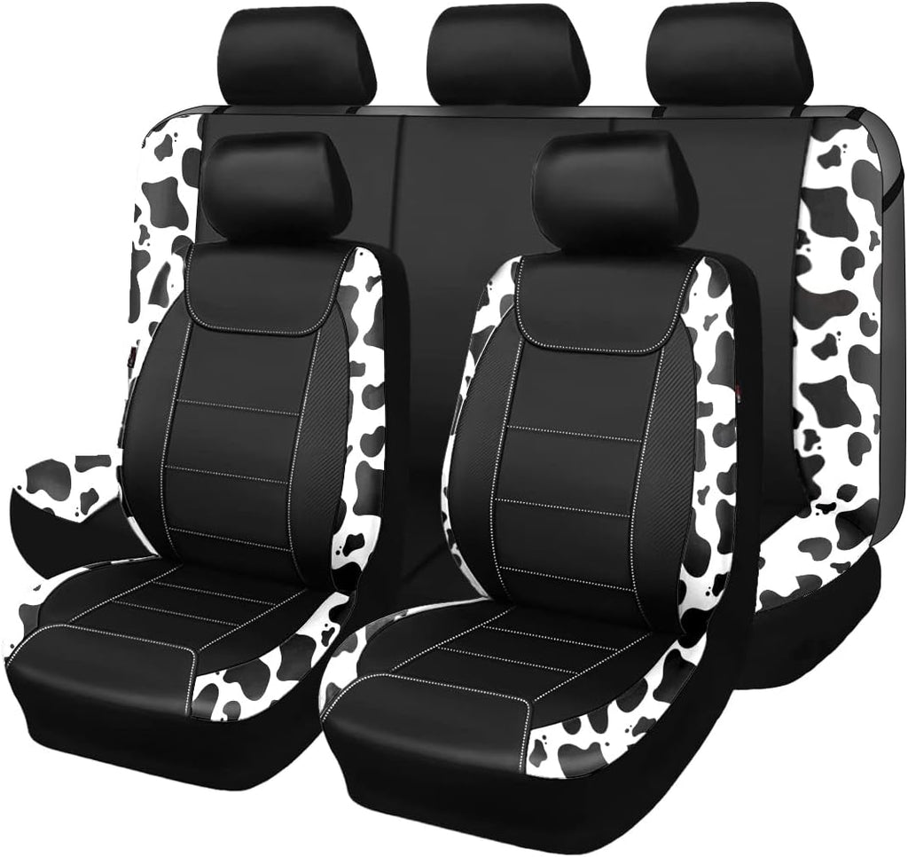 Flying Banner car seat Covers Protects Water Proof Faux Leather Carbon Fiber Front and Rear Bench (Cow Black, Full Set - 8PCS)