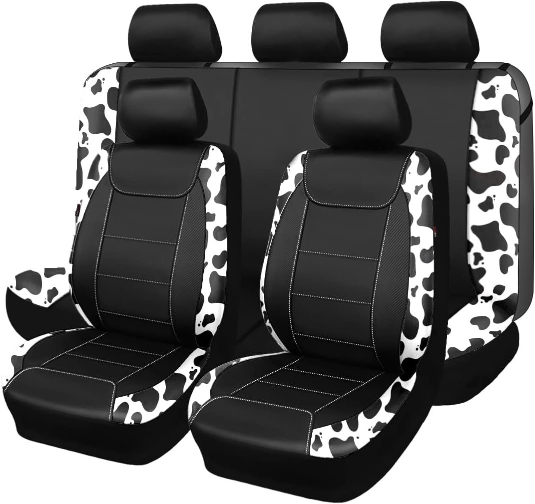 Flying Banner car seat Covers Protects Water Proof Faux Leather Carbon Fiber Front and Rear Bench (Cow Black, Full Set - 8PCS)