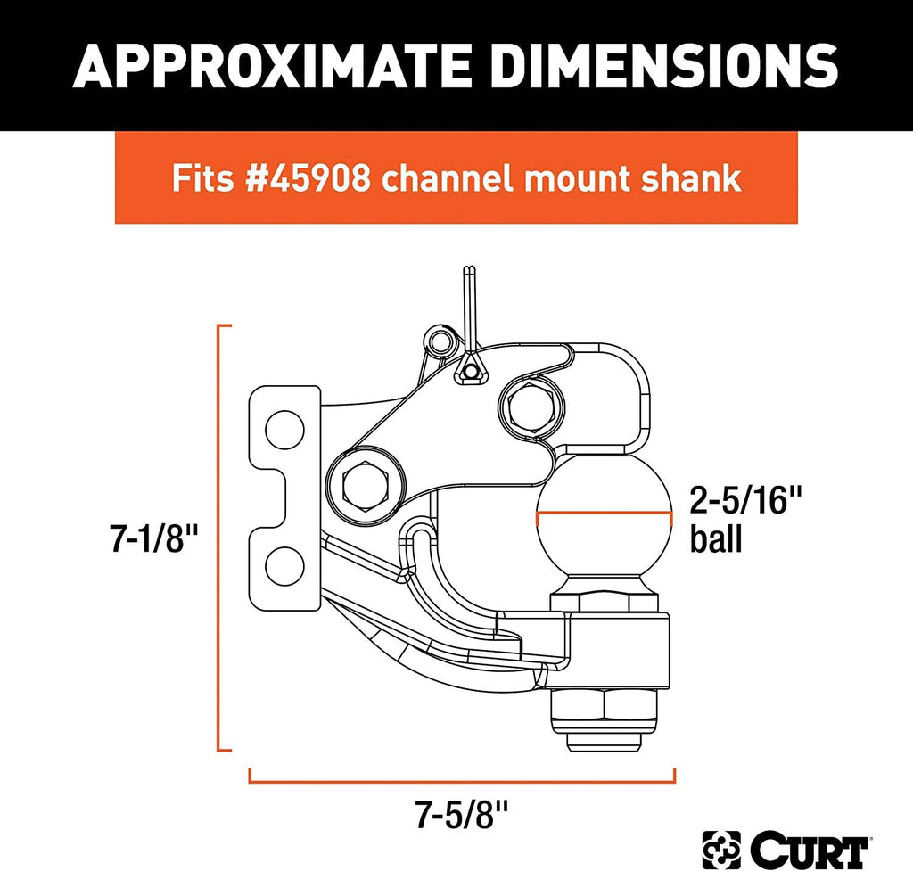 CURT 45922 Channel Mount Pintle Attachment with 2-5/16-Inch Ball, 20,000 lbs, Shank Required , Black