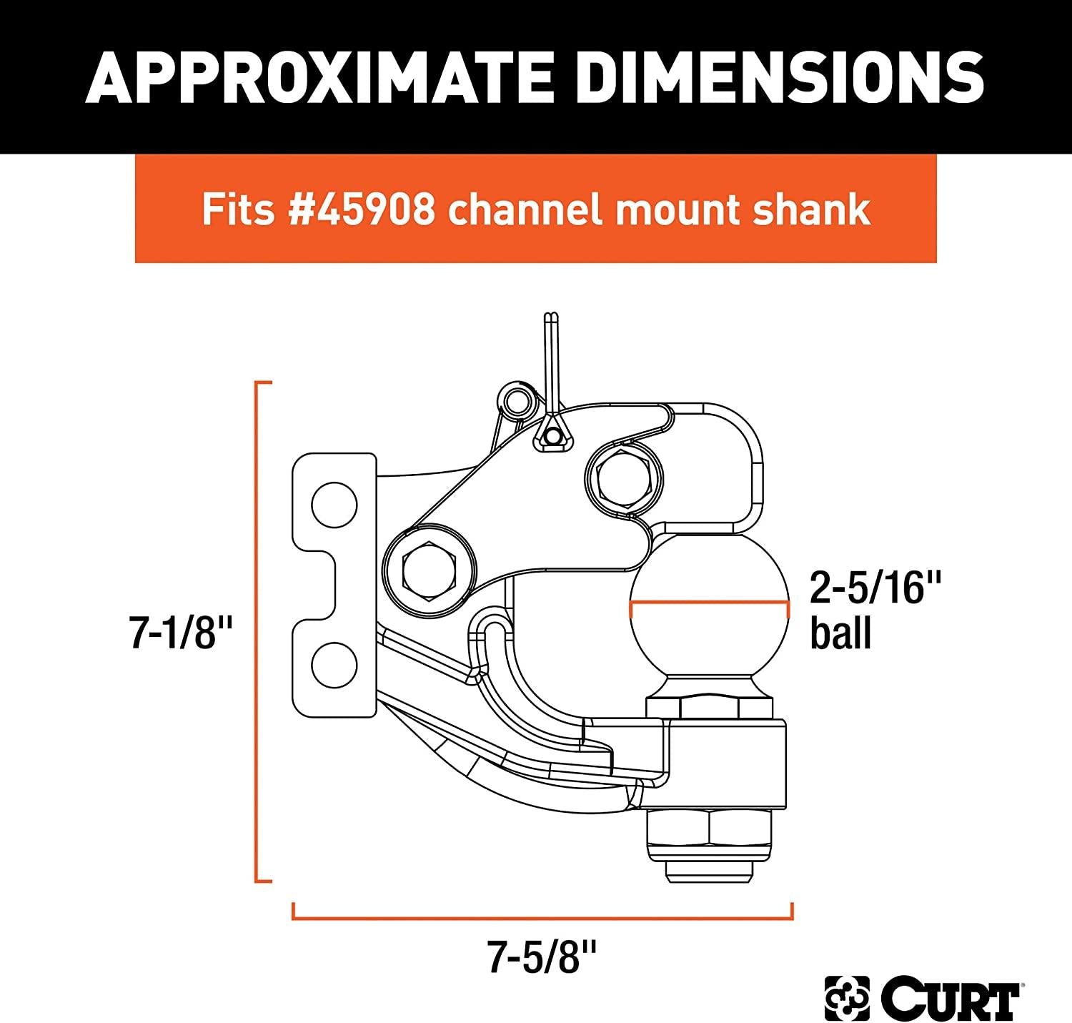 CURT 45922 Channel Mount Pintle Attachment with 2-5/16-Inch Ball, 20,000 lbs, Shank Required , Black