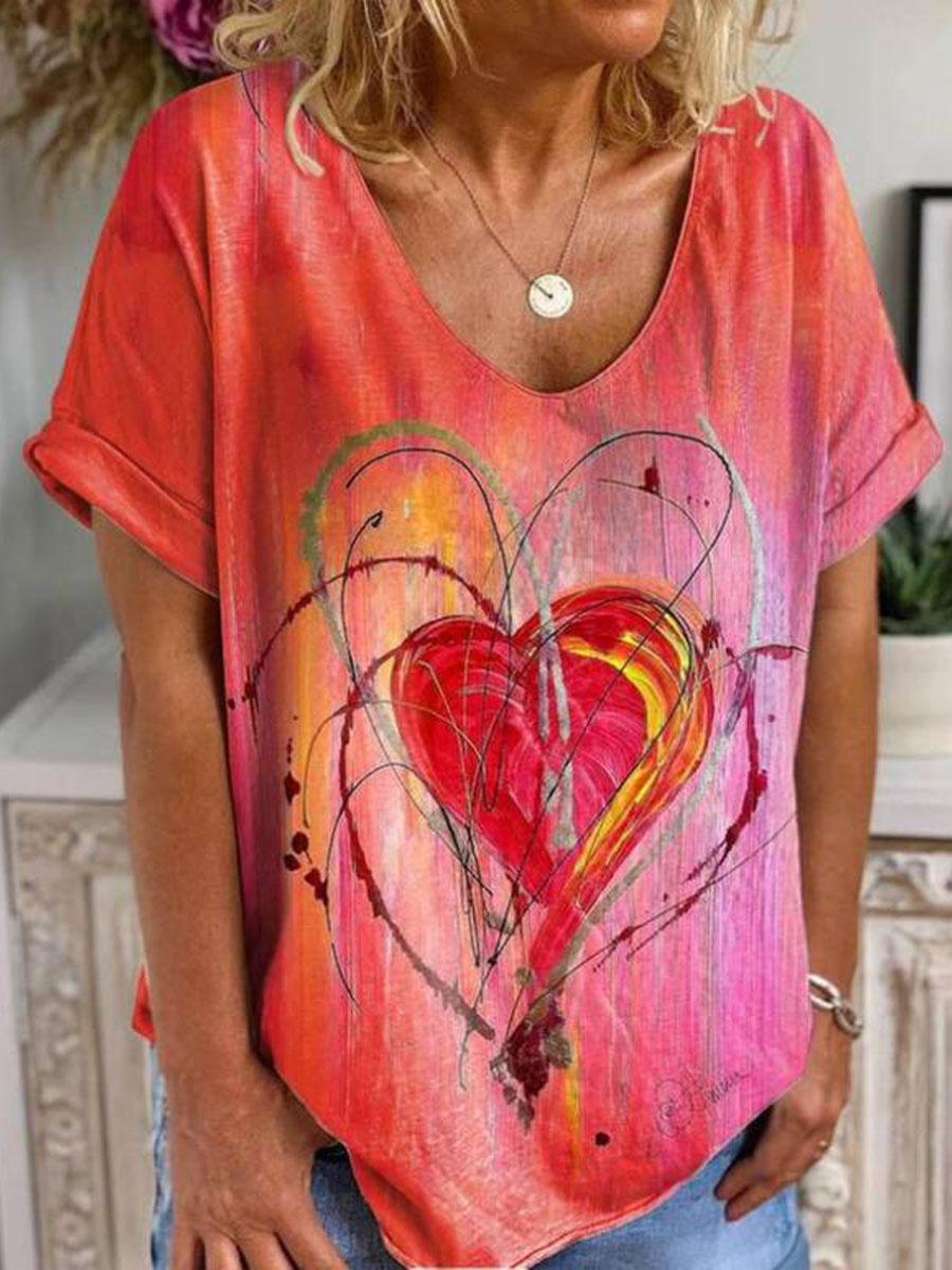 Love Printed V-neck Zipper Loose Casual Short-sleeved T-shirt