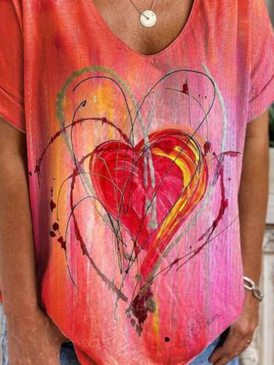 Love Printed V-neck Zipper Loose Casual Short-sleeved T-shirt