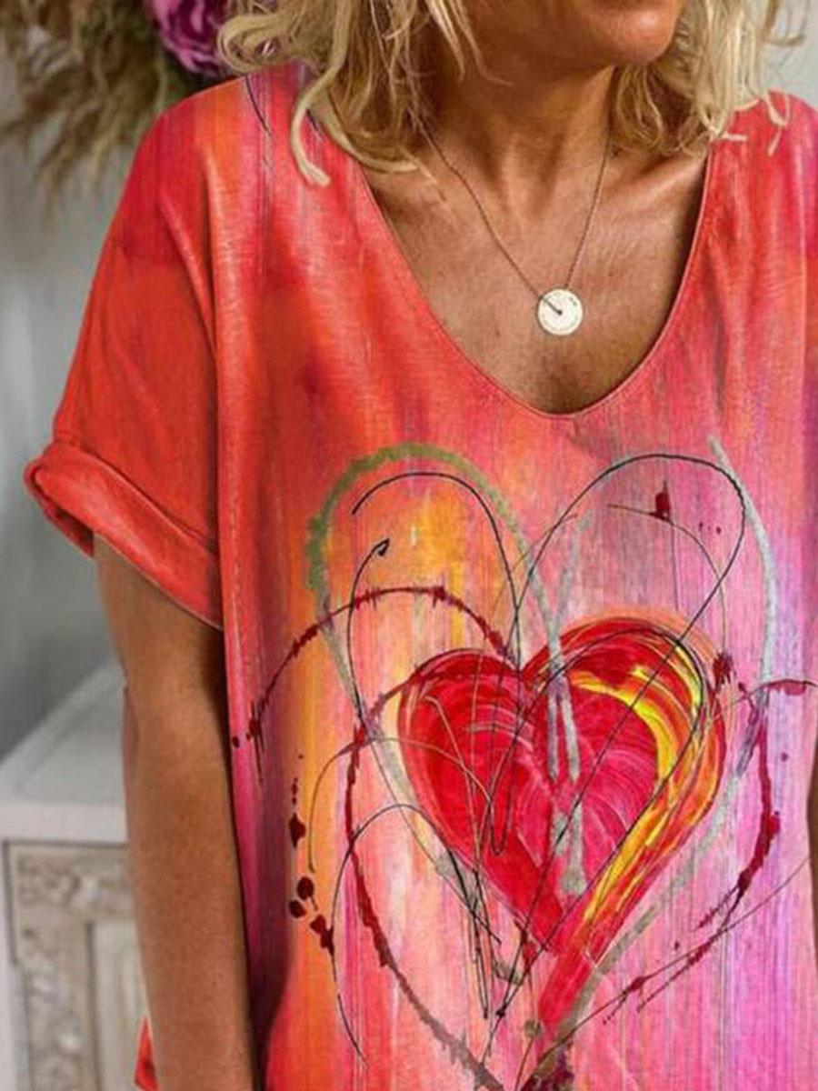 Love Printed V-neck Zipper Loose Casual Short-sleeved T-shirt