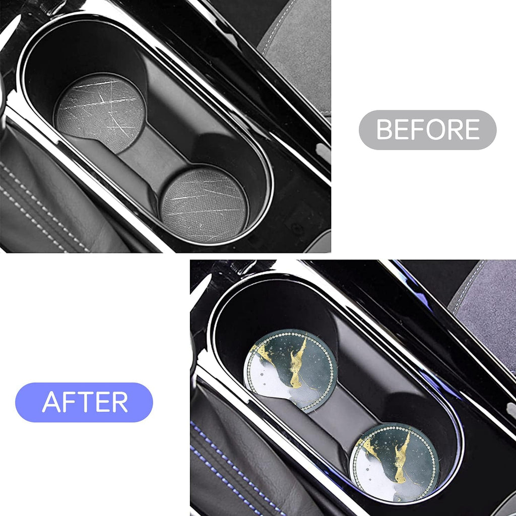 2.75" Bling Car Cup Coaster, Car Cup Holder Insert Coasters Silicone Anti-Slip Crystal Rhinestone Drink Car Cup Mat, Universal Vehicle Interior Accessories for Women Girls (2PCS Black Marble)