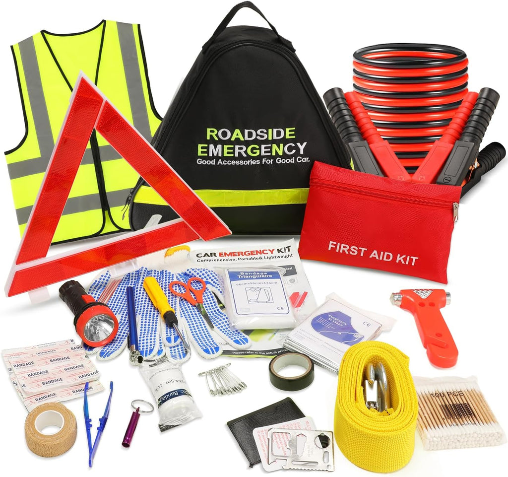 Car Emergency Kit, 23 in 1 Multifunctional Roadside Assistance Auto Safety Kit, First Aid Kit, Jumper Cables, Tow Rope, Triangle, Flashlight, Safety Hammer, and More Ideal Survival Pack Accessories