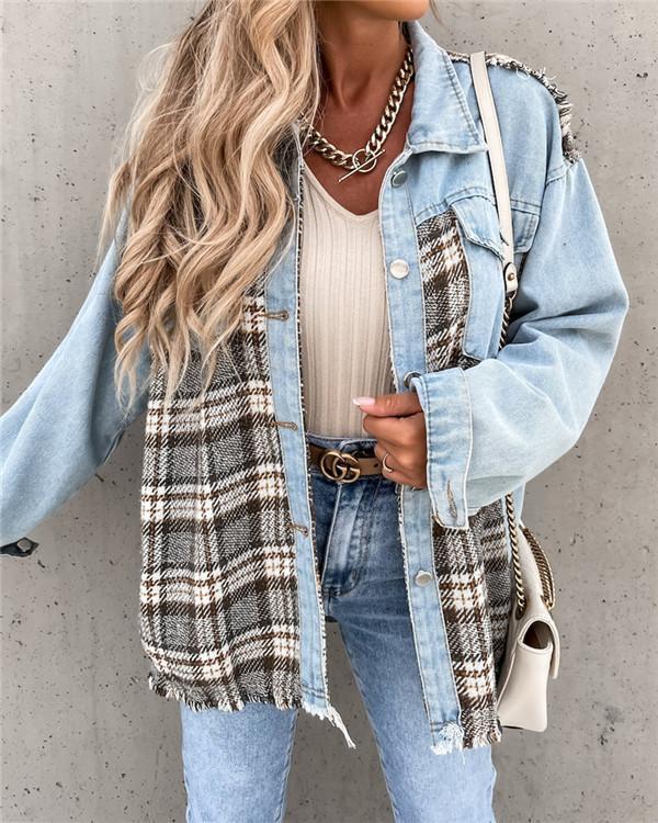 denim stitching plaid coat loose top