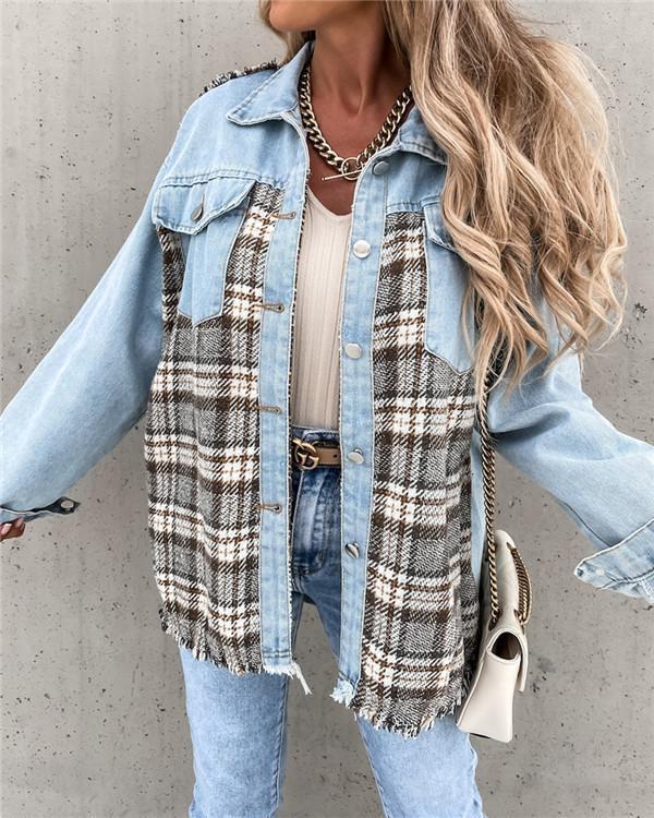 denim stitching plaid coat loose top