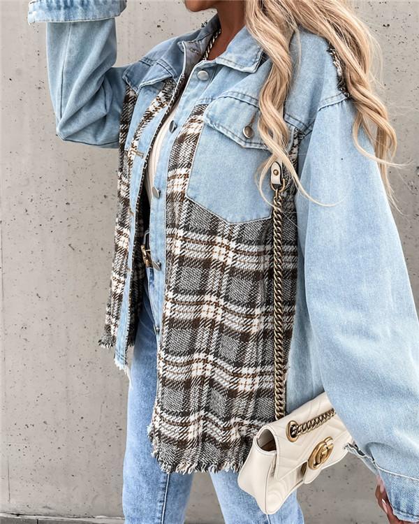 denim stitching plaid coat loose top