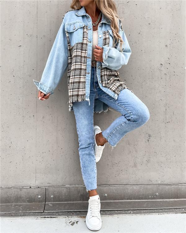 denim stitching plaid coat loose top