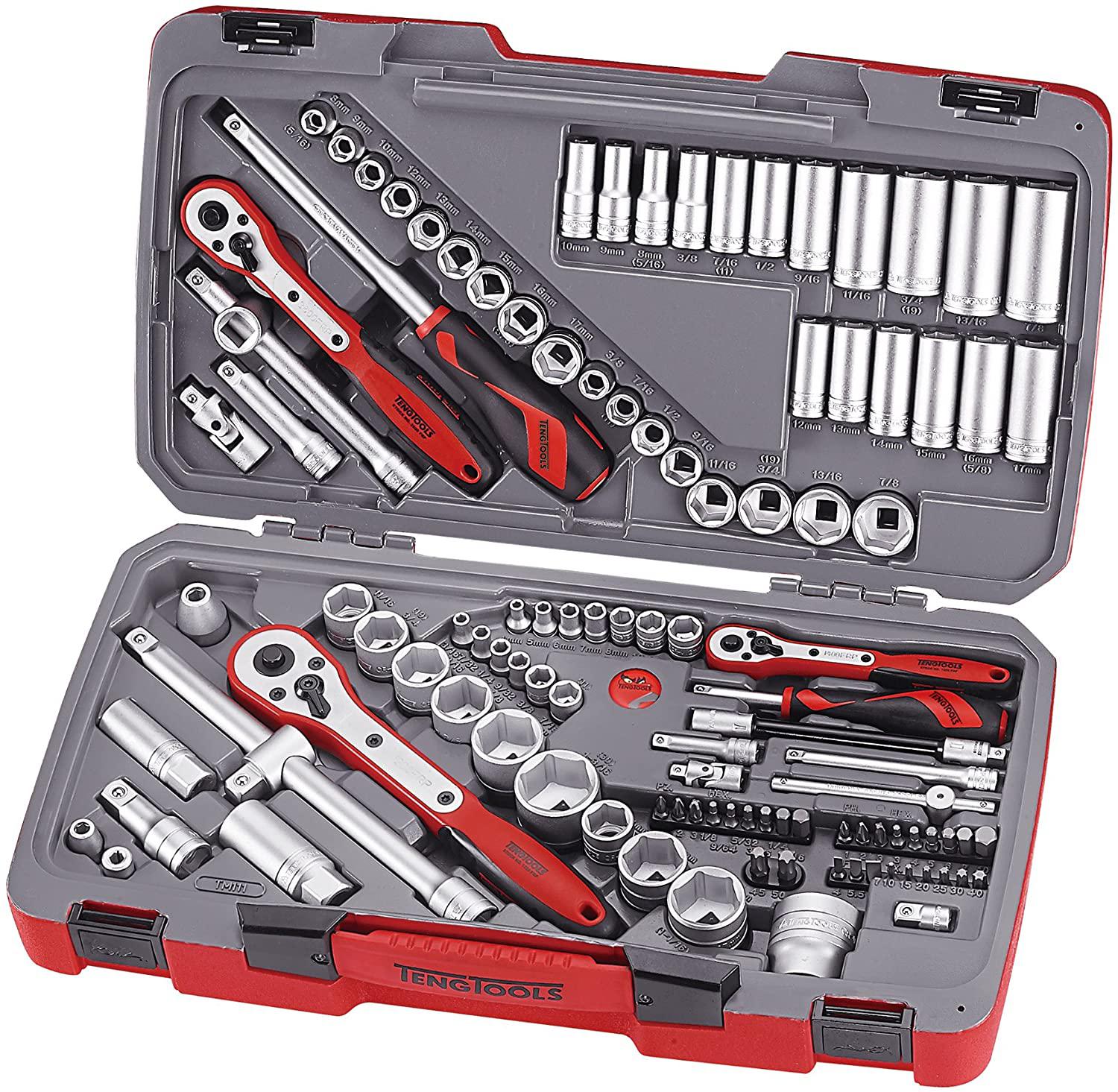 Teng Tools 111 Piece 1/4, 3/8 &amp; 1/2 Inch Drive Metric &amp; SAE Regular/Shallow &amp; Deep Socket Set -TM111