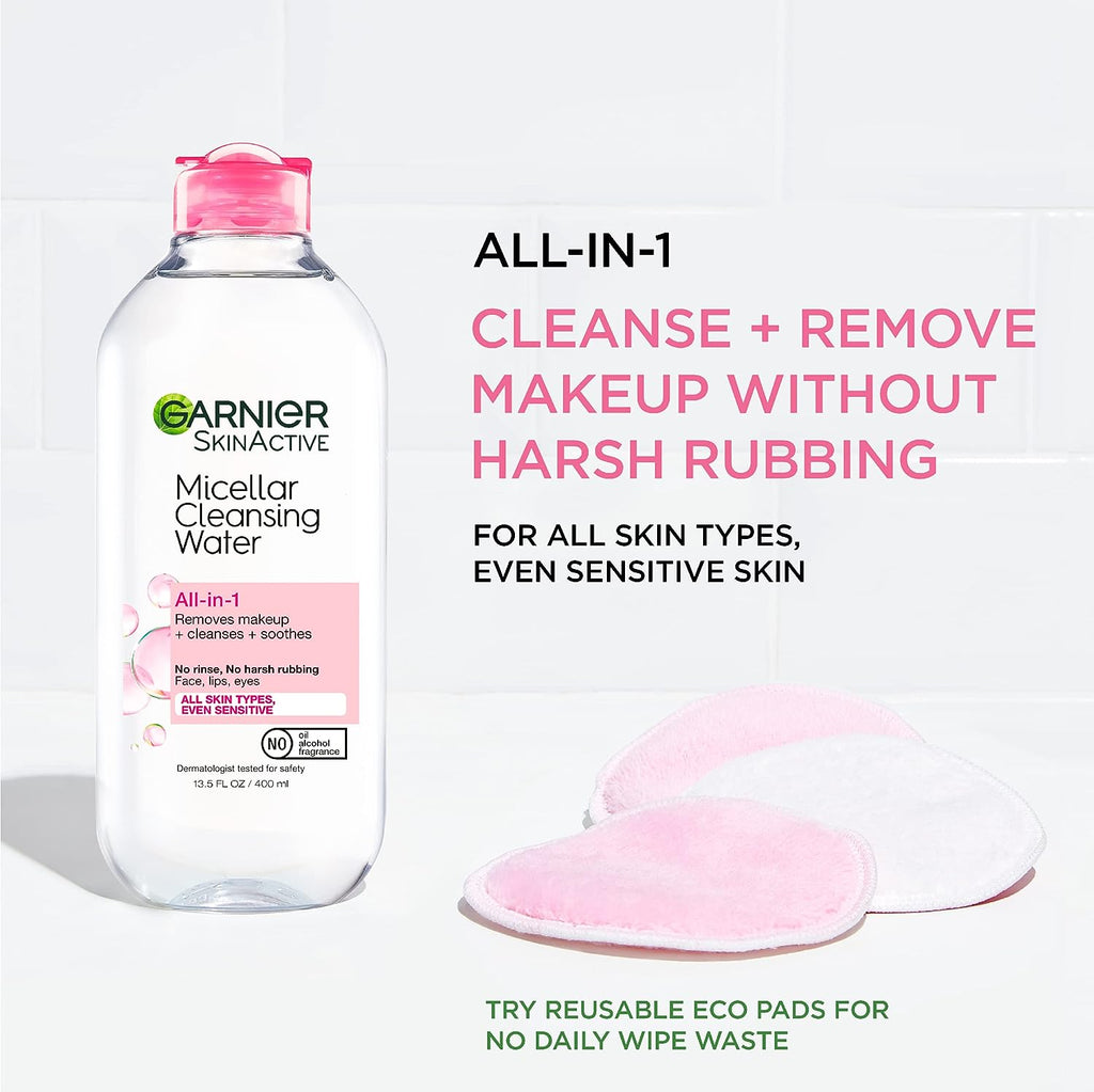 Garnier SkinActive Micellar Cleansing Water, All-in-1 Makeup Remover and Facial Cleanser, For All Skin Types, 3.4 Fl Oz (100mL), 1 Count (Packaging May Vary)