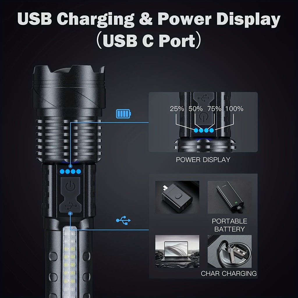 Super Powerful Flashlight Rechargeable Torch Light High Power Strong LED White Flash Light Tactical Lantern with Charging Cable