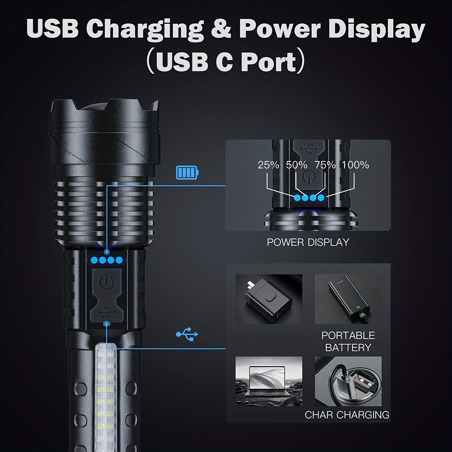 Super Powerful Flashlight Rechargeable Torch Light High Power Strong LED White Flash Light Tactical Lantern with Charging Cable