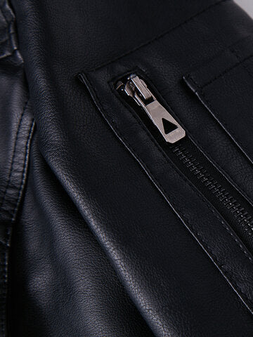 mens washed pu leather zip up pocket detachable hooded elastic hem thick jackets