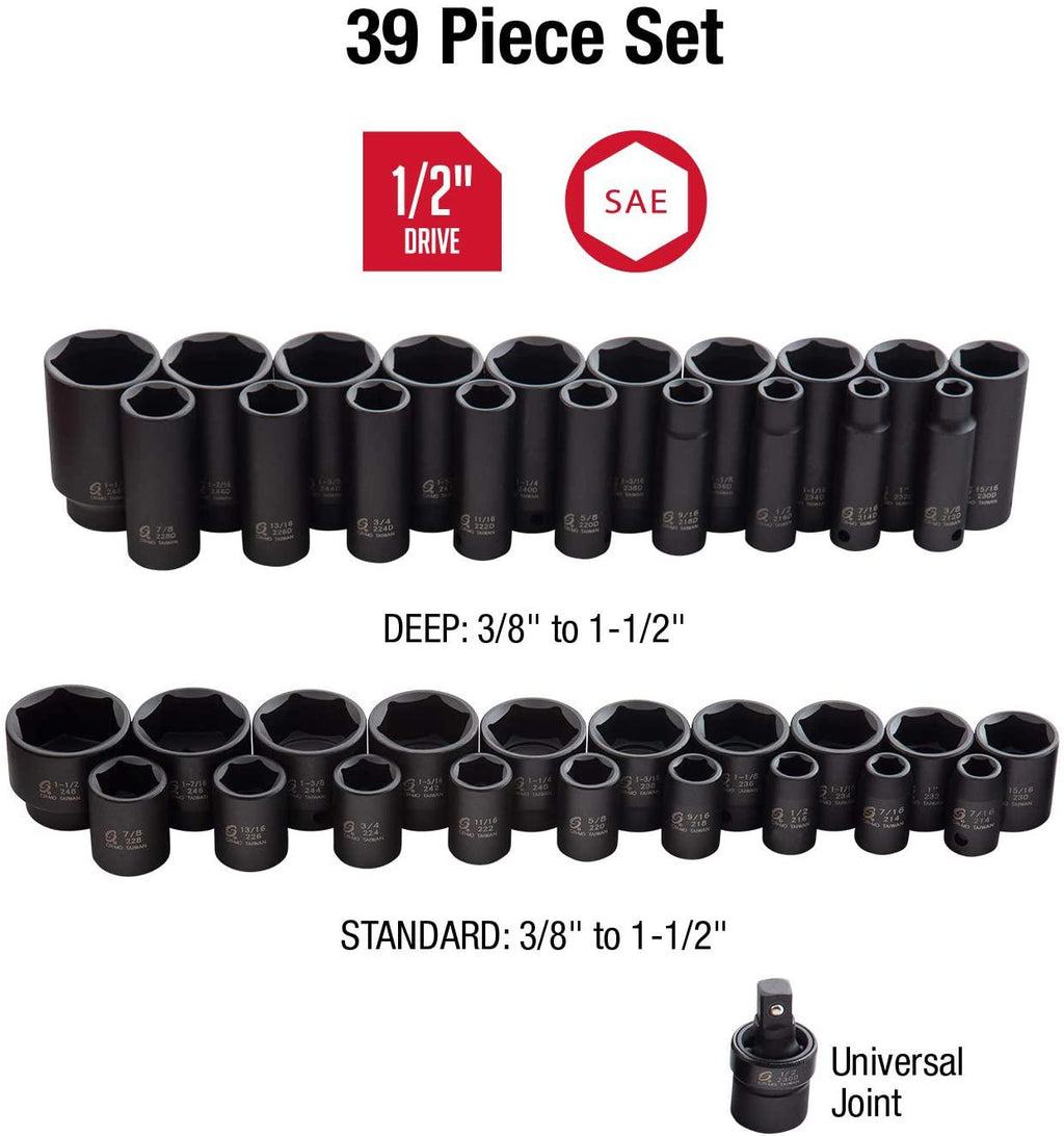 Sunex 2668, 1/2 Inch Drive  Impact Socket Set, 39-Piece, SAE, 3/8" - 1-1/2", Standard/Deep, Cr-Mo Steel, Heavy Duty StoraCase, Includes Universal Joint