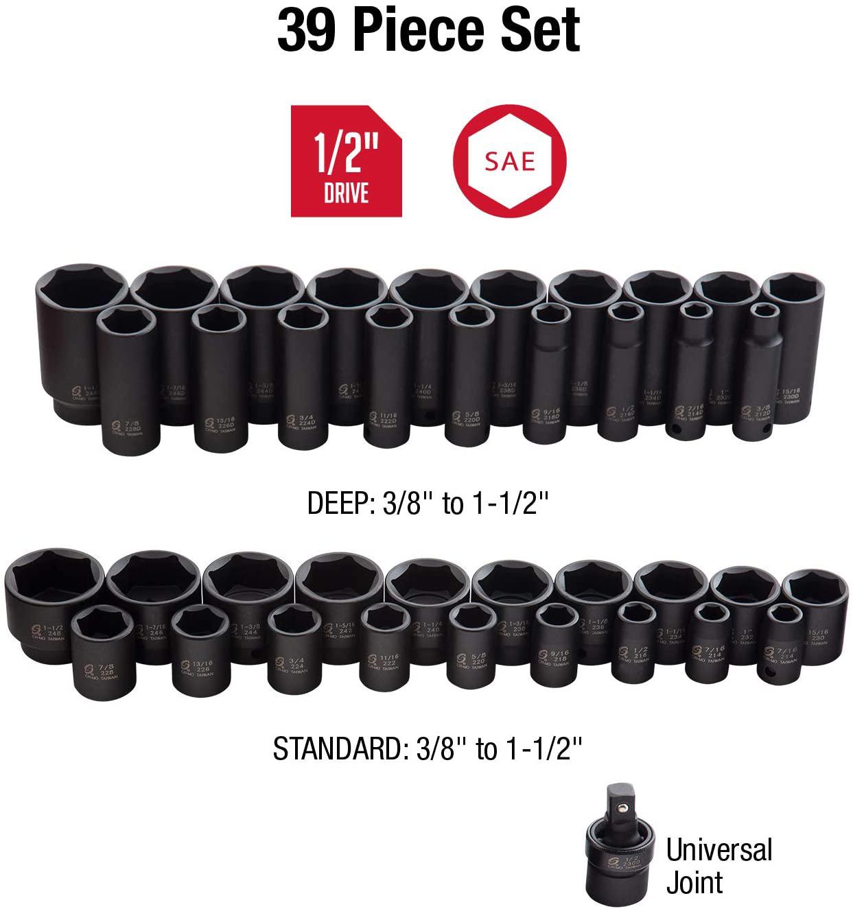 Sunex 2668, 1/2 Inch Drive  Impact Socket Set, 39-Piece, SAE, 3/8" - 1-1/2", Standard/Deep, Cr-Mo Steel, Heavy Duty StoraCase, Includes Universal Joint