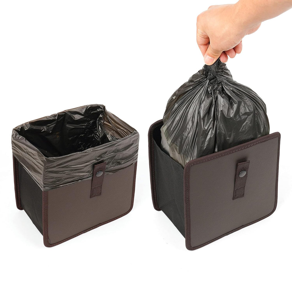 KMMOTORS Foldable Hanging Car Trash Can/Bag/bin, Vegan Leather and Oxford Clothes Car Organizer, Cute car Gadgets (Medium, Brown)