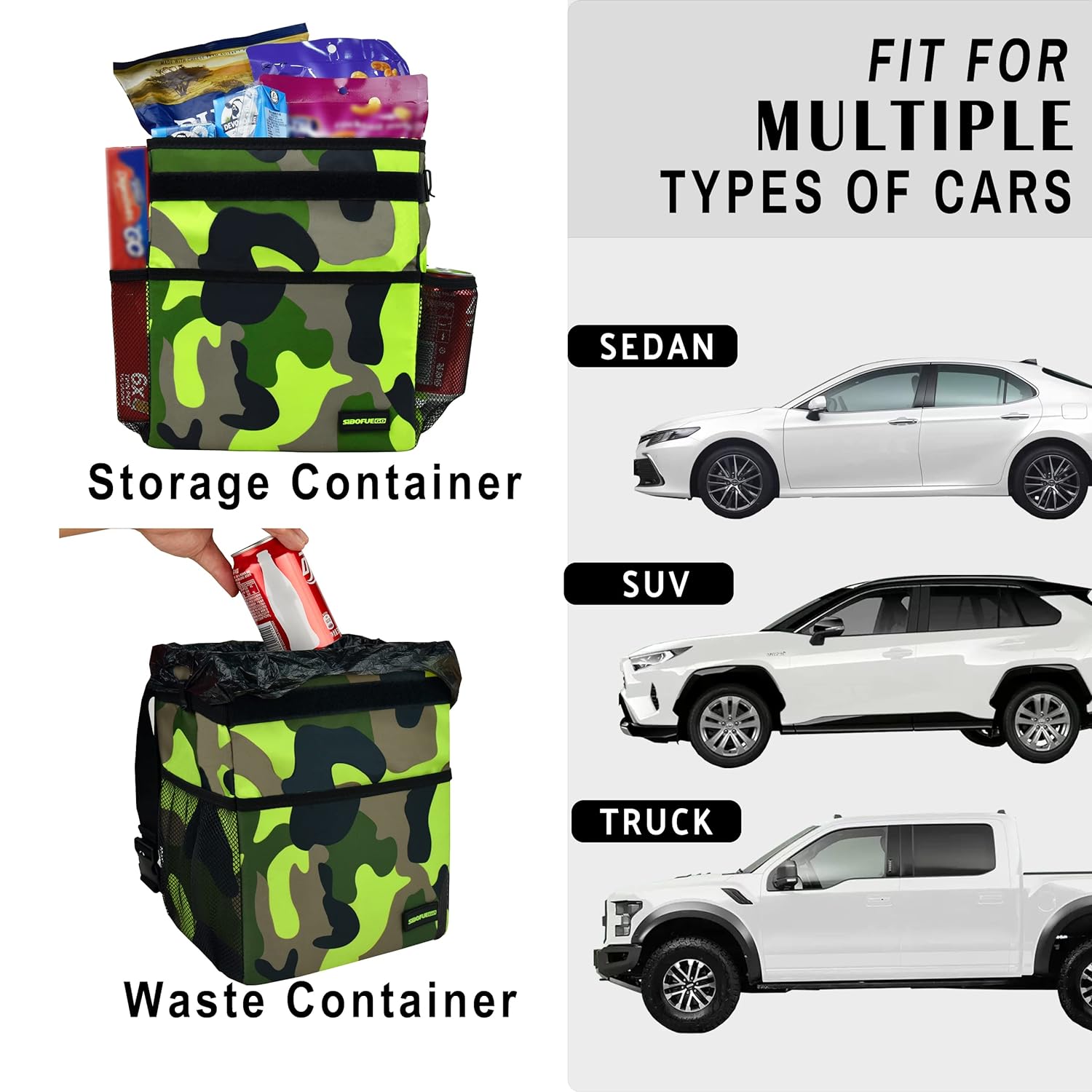 SIBOFUEGO Cute Car Trash Can with Lid - Leak Proof Car Trash Bag Hanging Waterproof Car Garbage Can with Storage Pockets Multipurpose Collapsible Car Organizer (Camo Green)