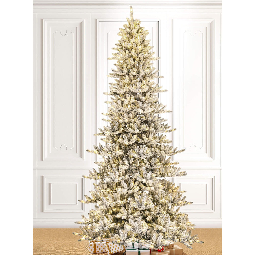 Glitzhome 11ft Pre-Lit Flocked Slim Pine Artificial Christmas Tree with 950 Warm White Lights