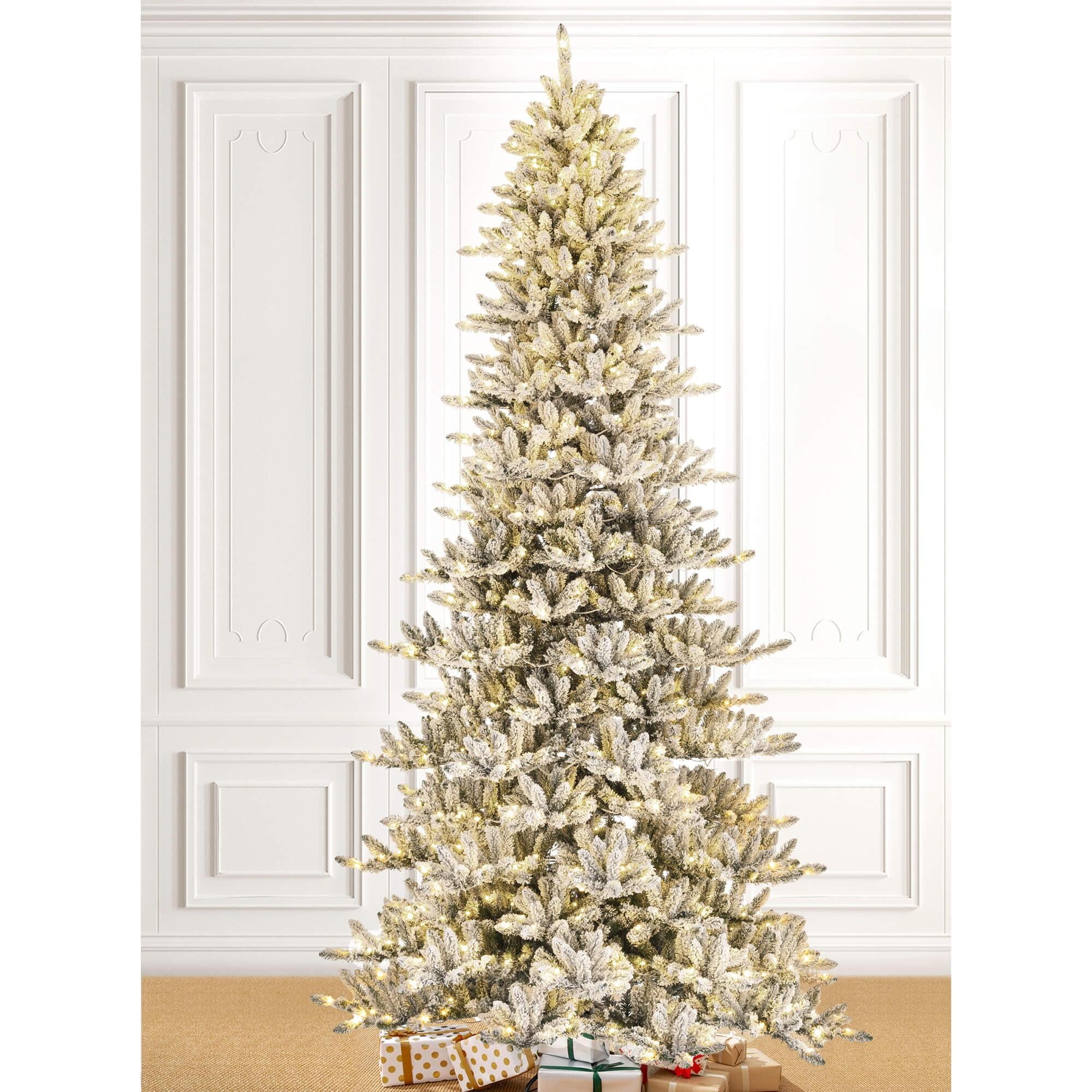 Glitzhome 11ft Pre-Lit Flocked Slim Pine Artificial Christmas Tree with 950 Warm White Lights