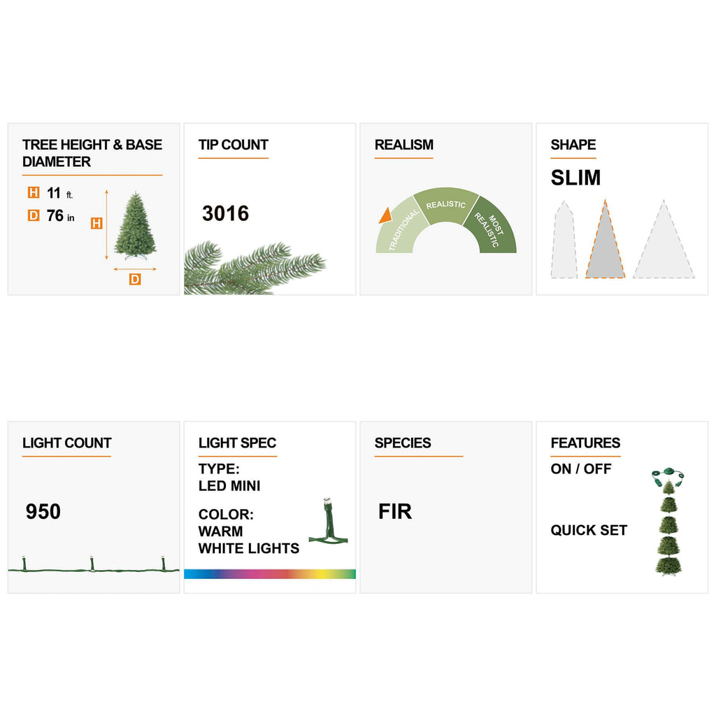 Glitzhome 11ft Pre-Lit Flocked Slim Pine Artificial Christmas Tree with 950 Warm White Lights