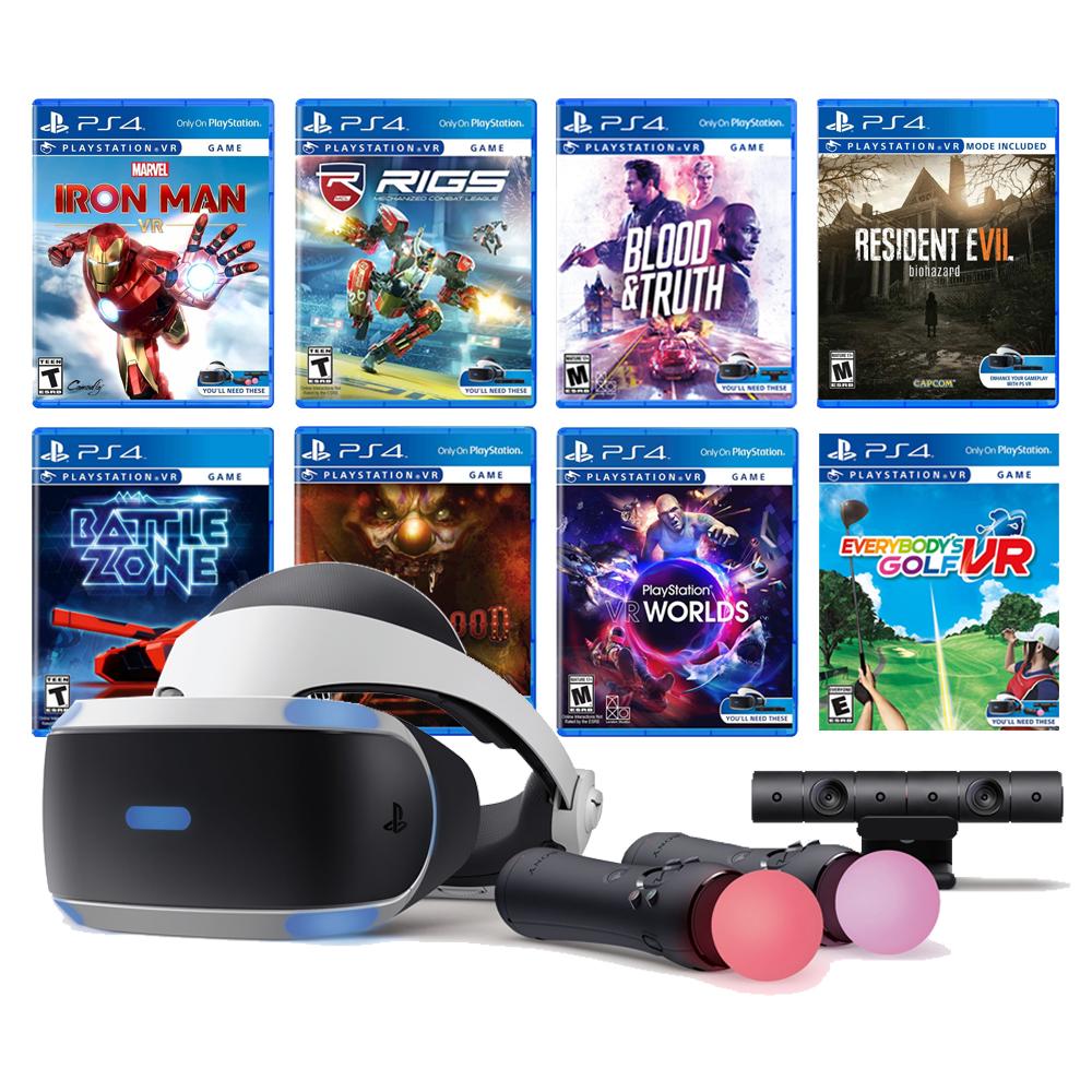 Play Station VR 11-In-1 Deluxe Bundle PS4 &amp; PS5 Compatible: VR Headset, Camera, Move Motion Controllers, Iron Man, VR Worlds, Resident Evil 7, Battlezone, RIGS, Until Dawn, Blood&amp;Truth, Golf