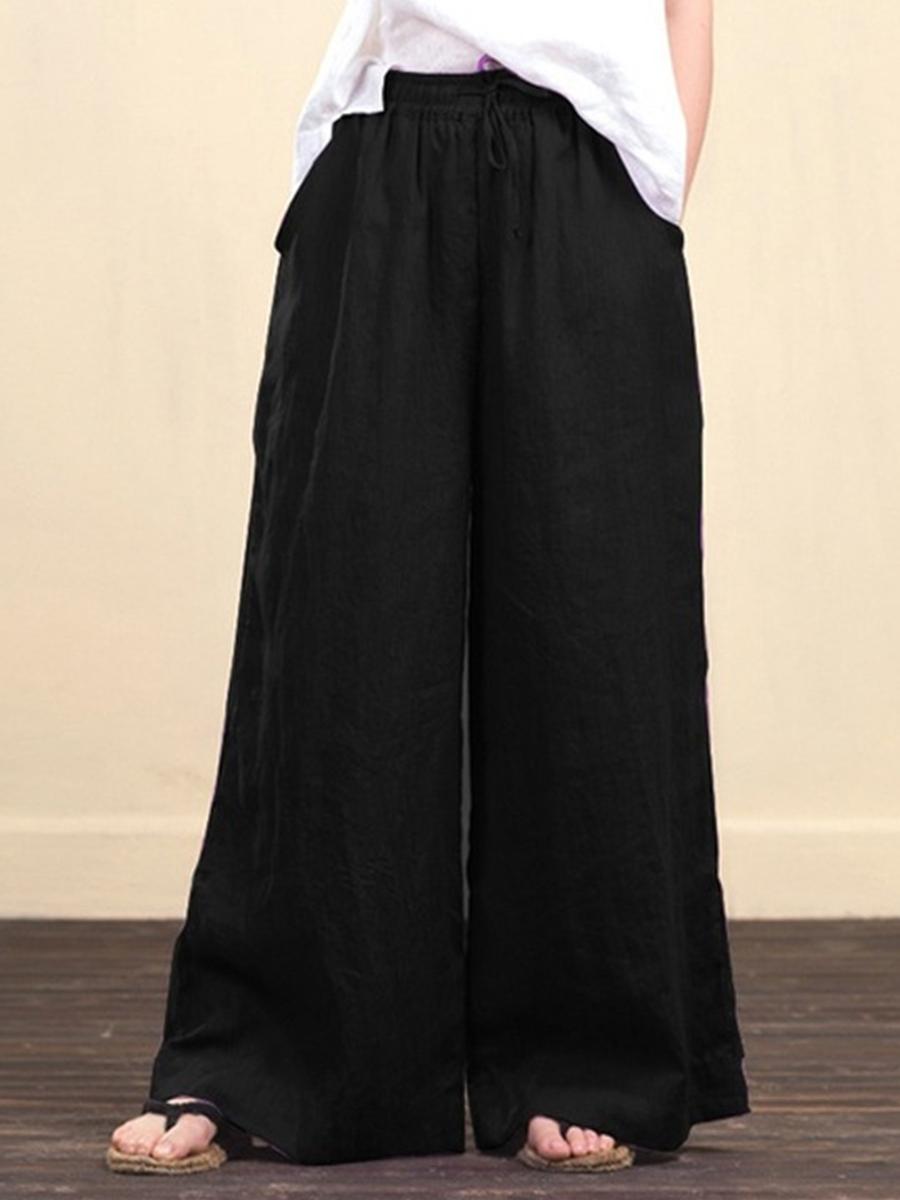Wide-leg Plain Linen Pants