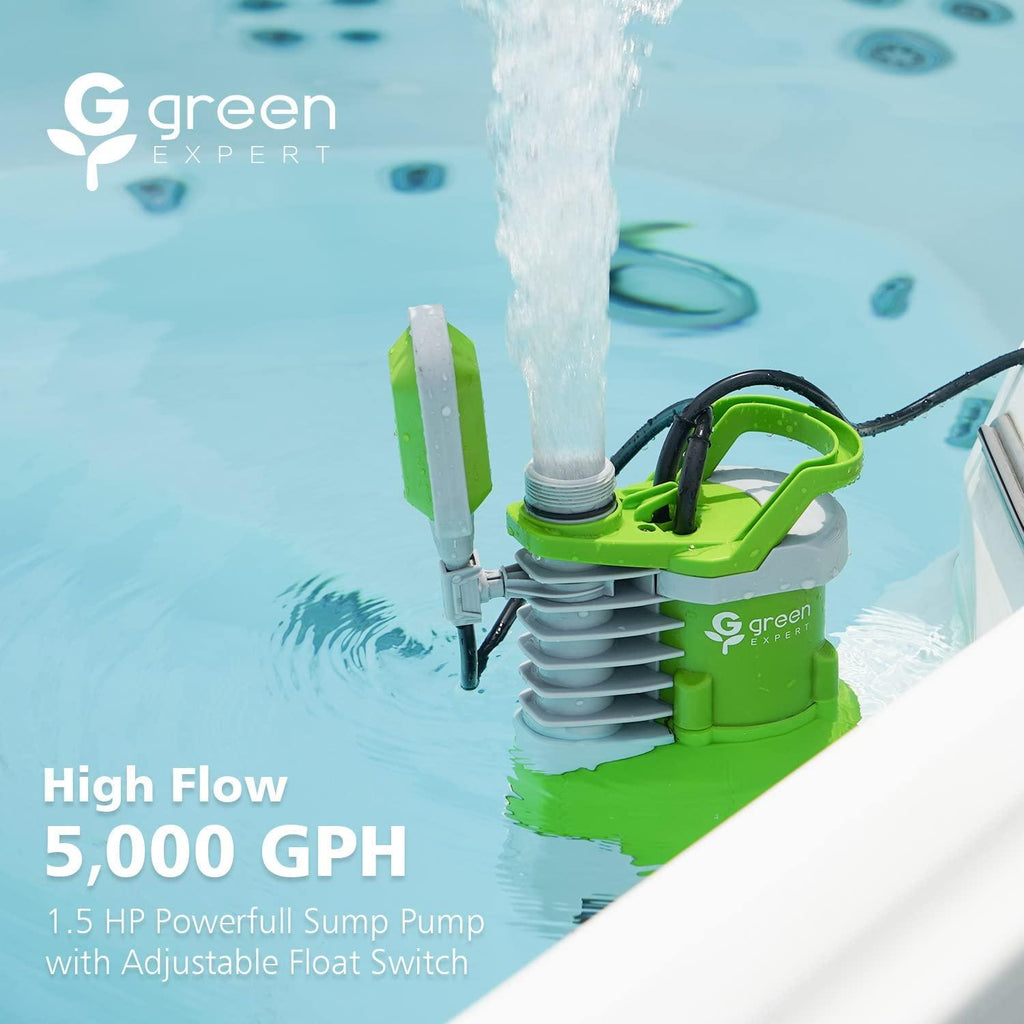 Green  1.5HP Sump Pump Submersible High Flow 5000GPH for ly Clean Dirty Water Removal from Basement Sump Pit Pools Hot Tub Spas Garden Pond 203631
