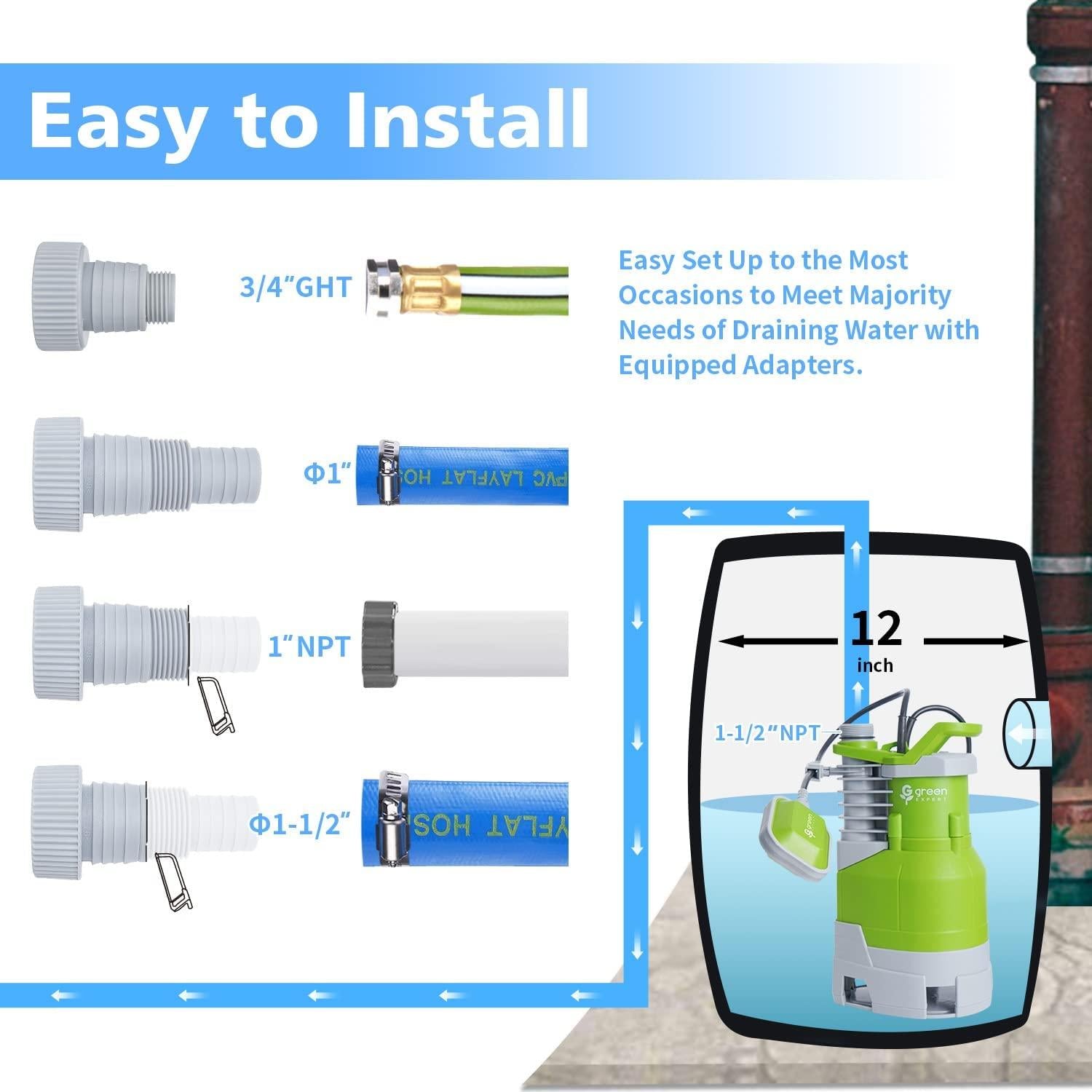Green  1.5HP Sump Pump Submersible High Flow 5000GPH for ly Clean Dirty Water Removal from Basement Sump Pit Pools Hot Tub Spas Garden Pond 203631