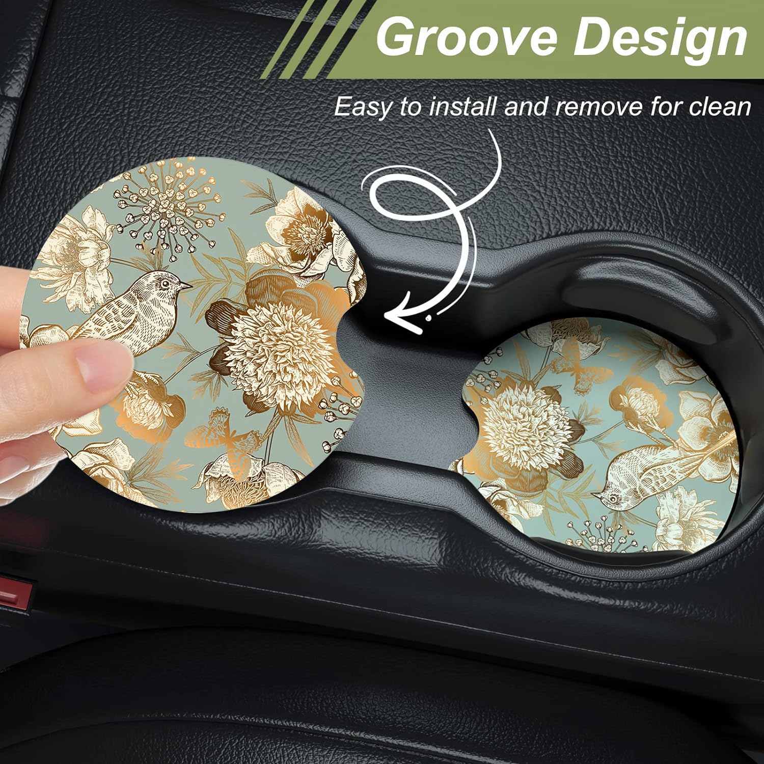 Nipichsha Car Cup Holder Coasters, Car Coasters for Cup Holders, 2 Pack Anti Slip Insert Coasters, Rubber Car Cup Mat with A Finger Notch, Cute Car Interior Accessories for Women Men(Birdsong Floral)