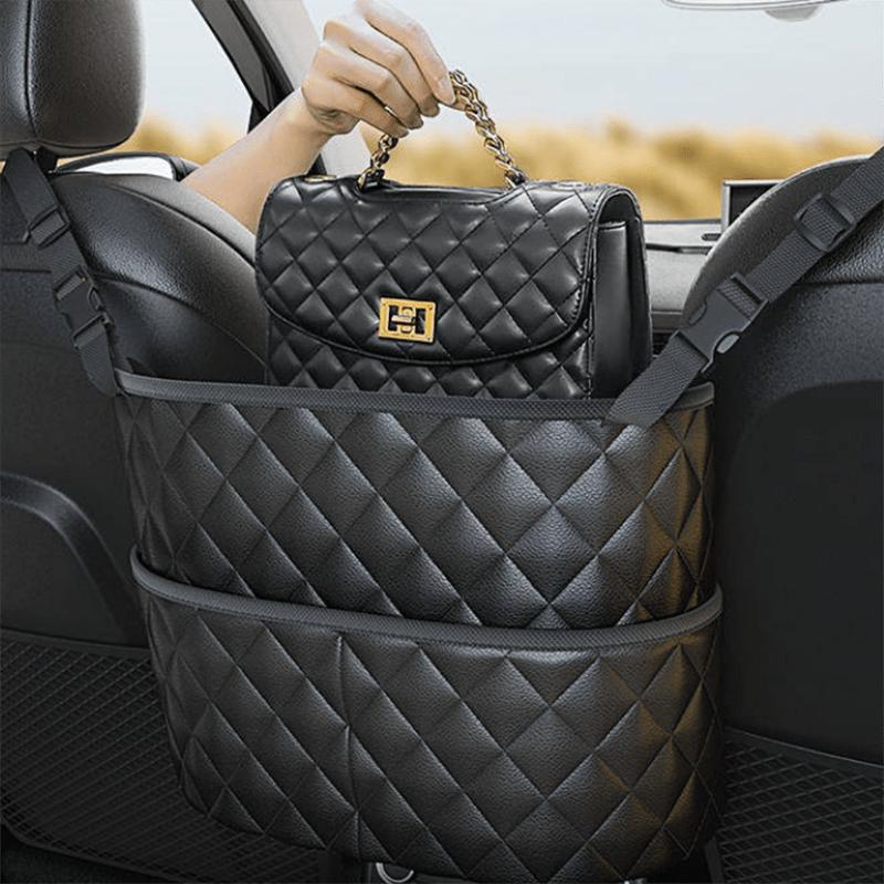 Car Purse Handbag Holder Between Seats, Leather Car Seat Back Organizer With 3 Pockets, LarCapacity StoraBag