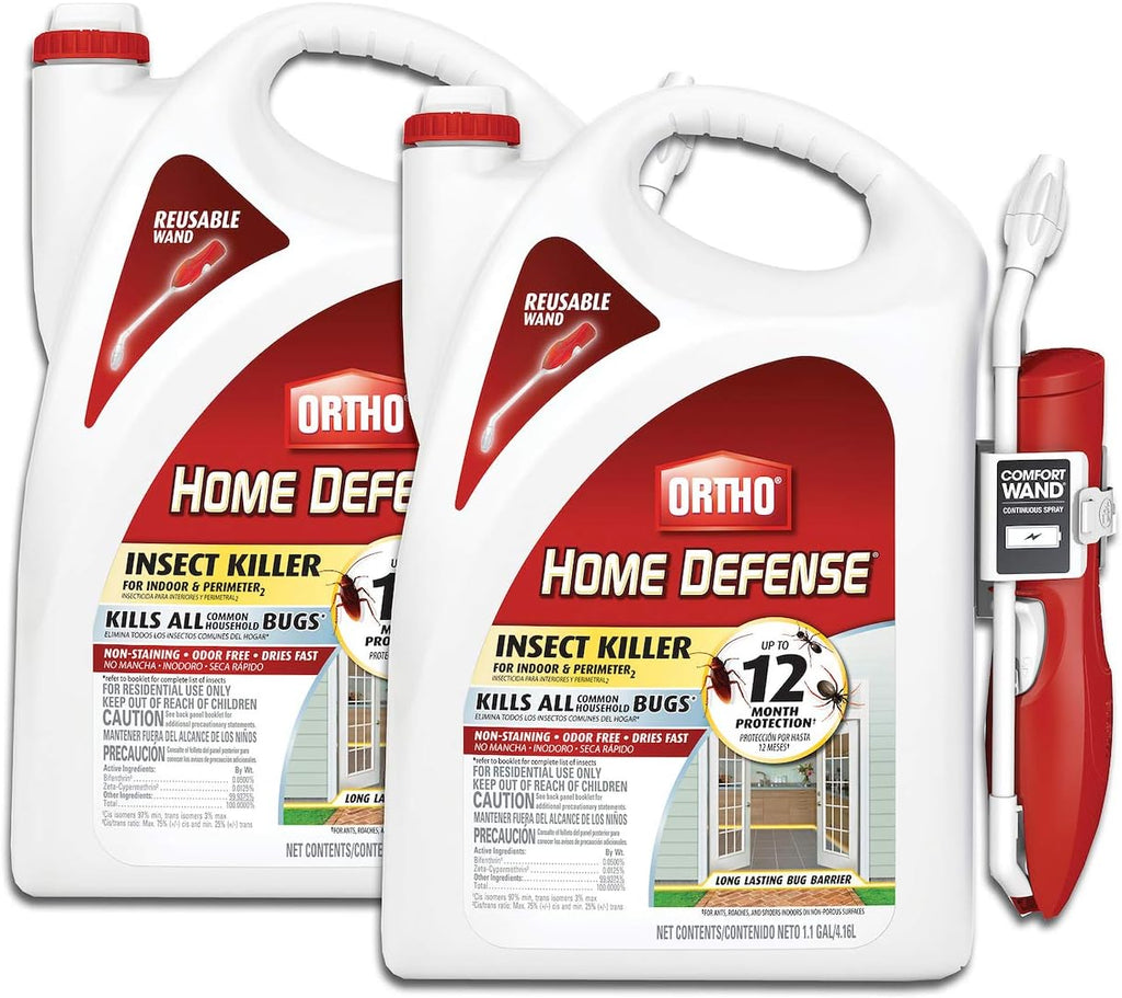 Ortho Home Defense Insect Killer for Indoor &amp; Perimeter2 - With Comfort Wand, Long-Lasting Control, Kills Ants, Cockroaches, Spiders, Fleas &amp; Ticks, Non-Staining, Odor Free, 1.1 gal., 2-Pack
