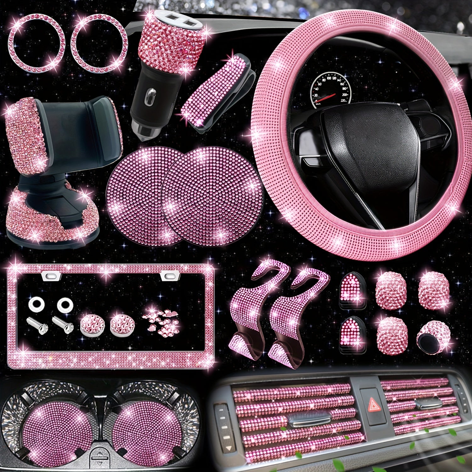 27pcs Bling Car Accessories Set For Women, Bling Steering Wheel Covers Universal Fit 15 Inch, Bling License Plate Frame,  Phone Holder, Car Coasters