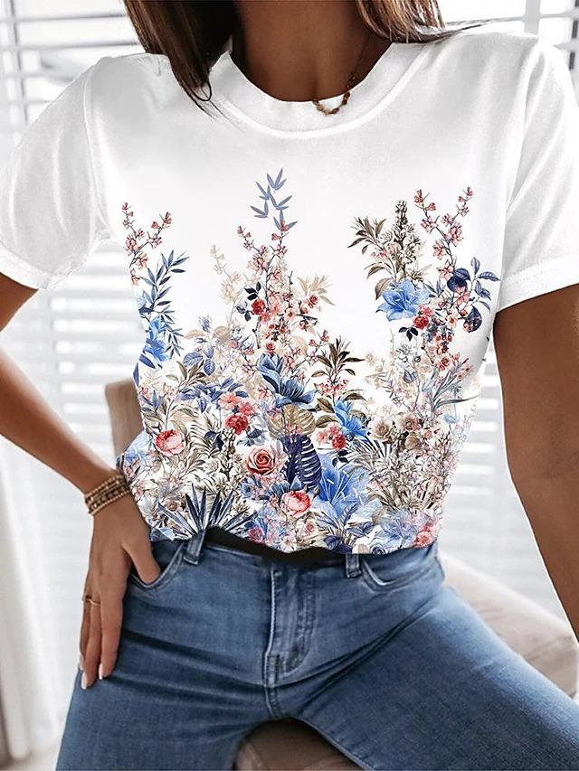 Women Casual Many Flower Print Short-Sleeved T-Shirt