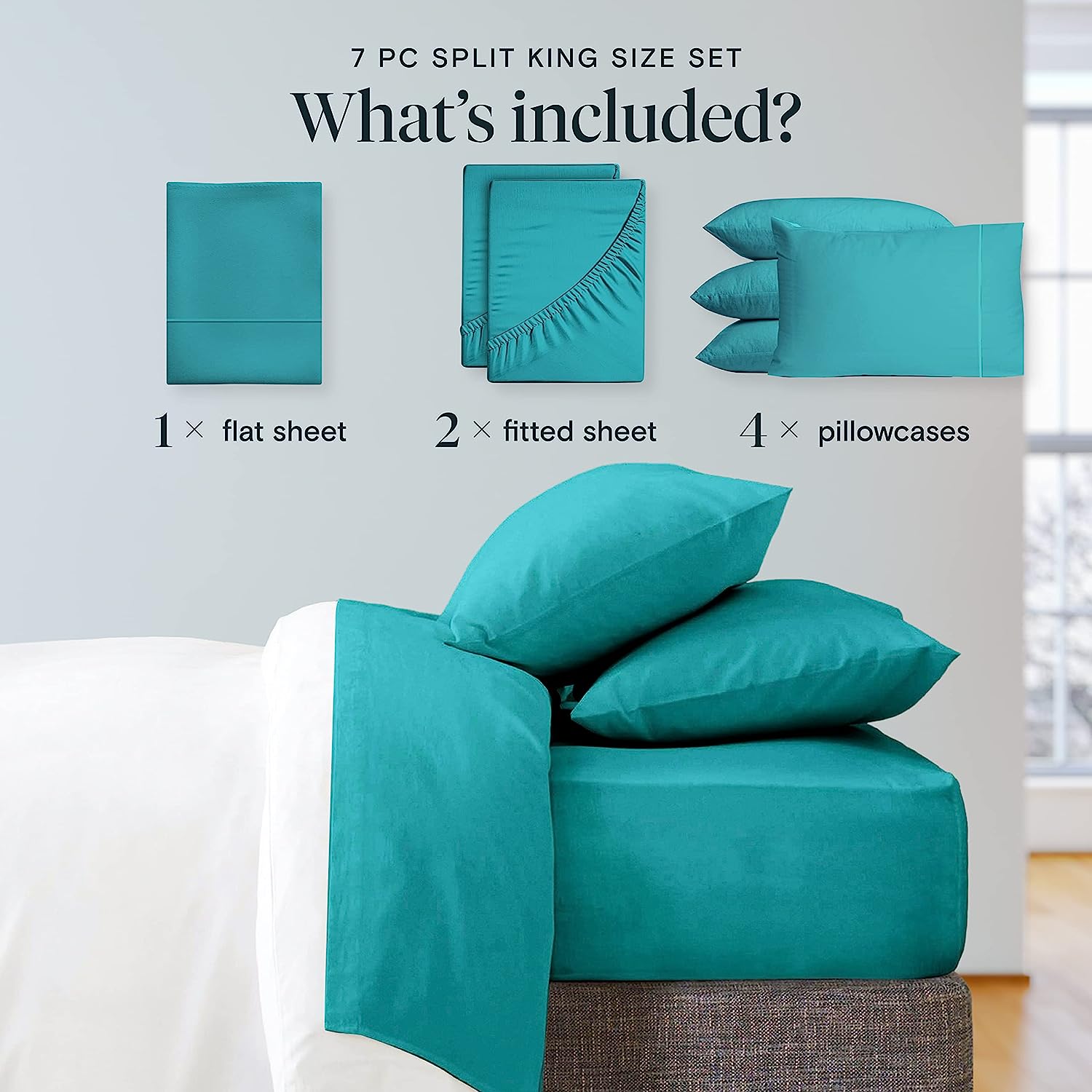 LuxClub 7 PC Split King Sheet Set Bamboo Sheets Deep Pockets 18" Eco Friendly Wrinkle Free Cooling Sheets Machine Washable Hotel Bedding Silky Soft - Teal Split King