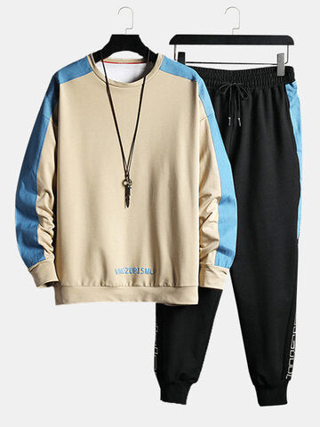 mens contrast patchwork letter print sweatshirt casual two pieces outfits
