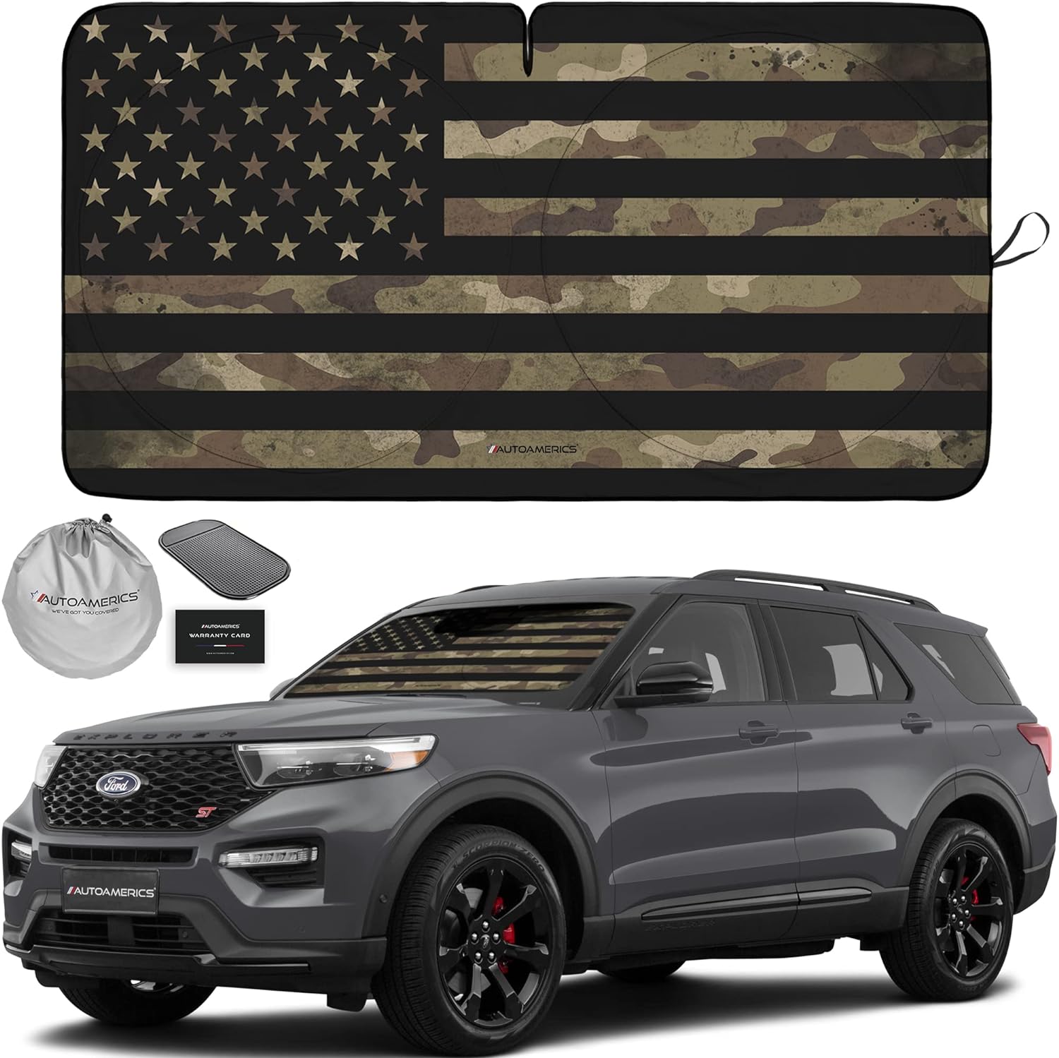 Autoamerics 1-Piece Windshield Sun Shade Dark Camo American Flag USA  - Foldable Car Front Window Sunshade for Most Sedans SUV Truck - Blocks Max UV Rays and Keeps Your Vehicle Cool - Medium