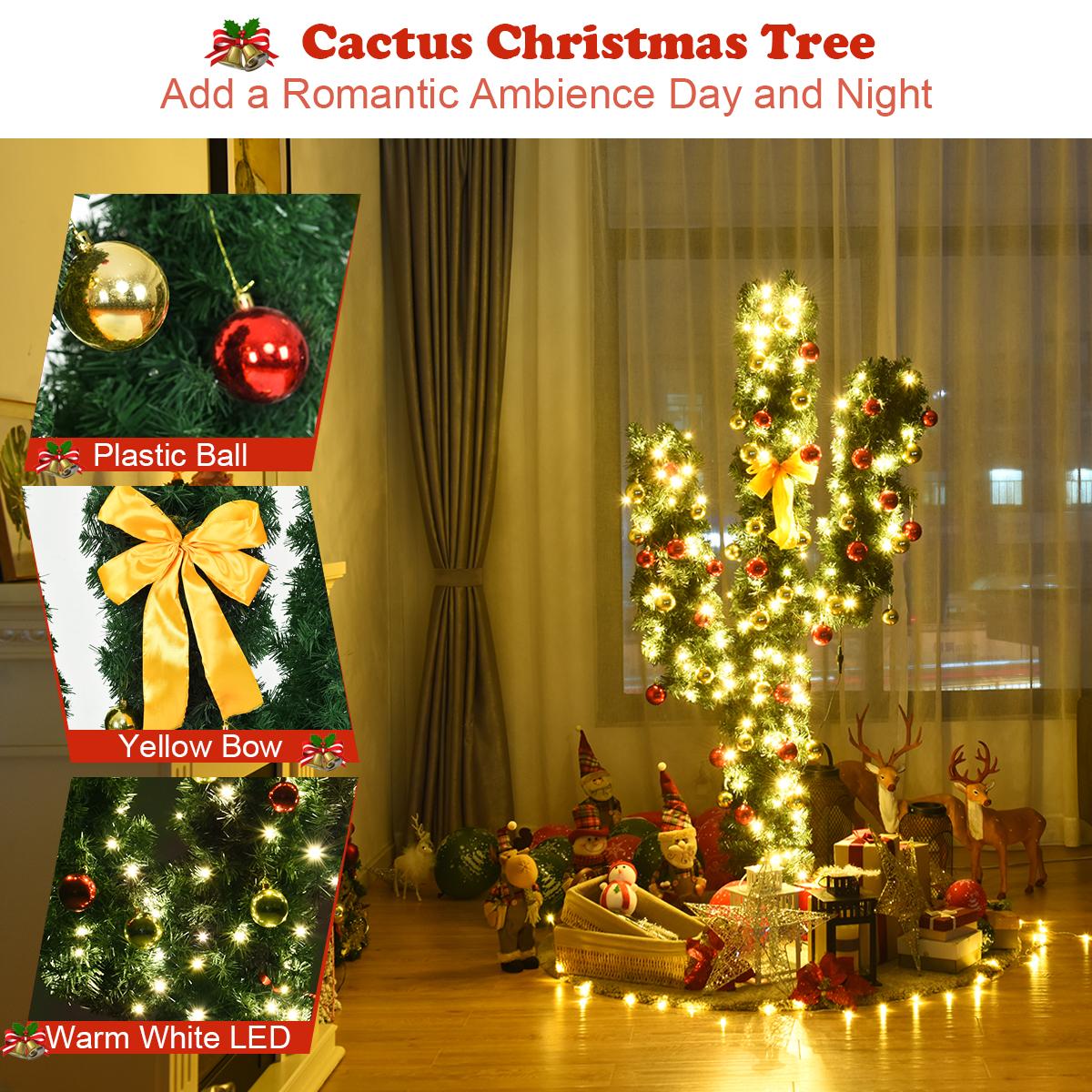 Costway 6Ft Pre-Lit Cactus Christmas Tree LED Lights Ball Ornaments