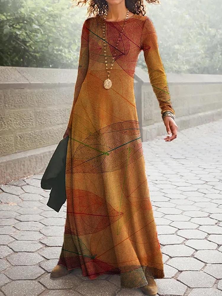 Casual Floral Print Crew Neck Long Sleeves Maxi Dress