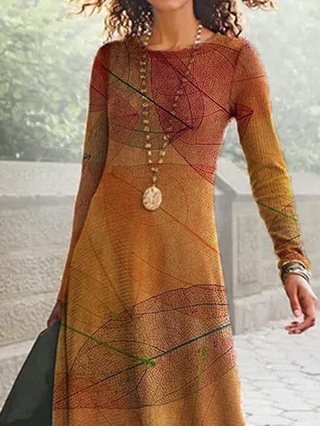 Casual Floral Print Crew Neck Long Sleeves Maxi Dress