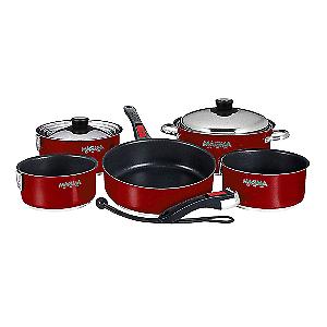 Nesting 10-Piece Induction Compatible Cookware - Red Exterior & Non-Stick