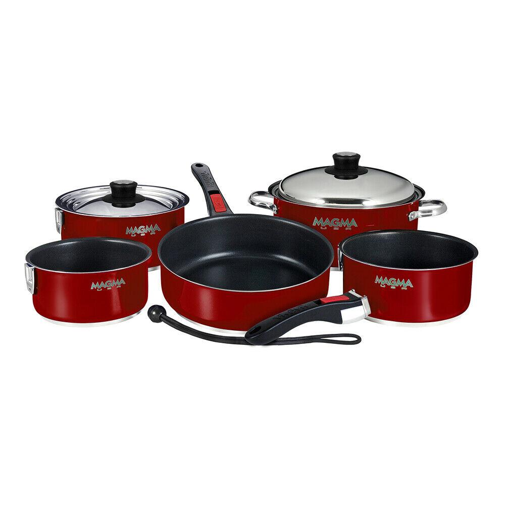 Nesting 10-Piece Induction Compatible Cookware - Red Exterior & Non-Stick