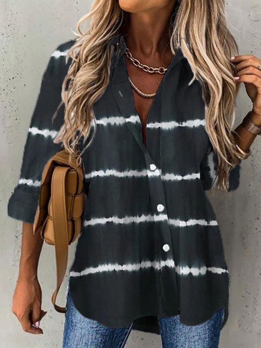 Fashion Striped Print Lapel Long Sleeve Casual Blouse