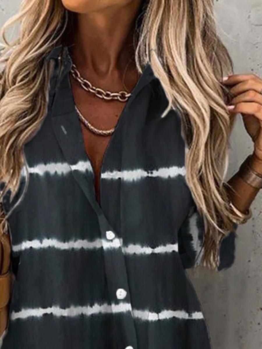 Fashion Striped Print Lapel Long Sleeve Casual Blouse