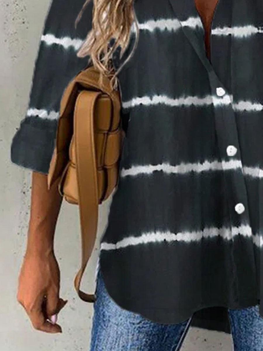 Fashion Striped Print Lapel Long Sleeve Casual Blouse